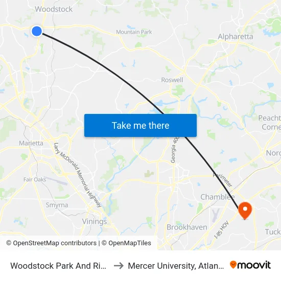 Woodstock Park And Ride to Mercer University, Atlanta map