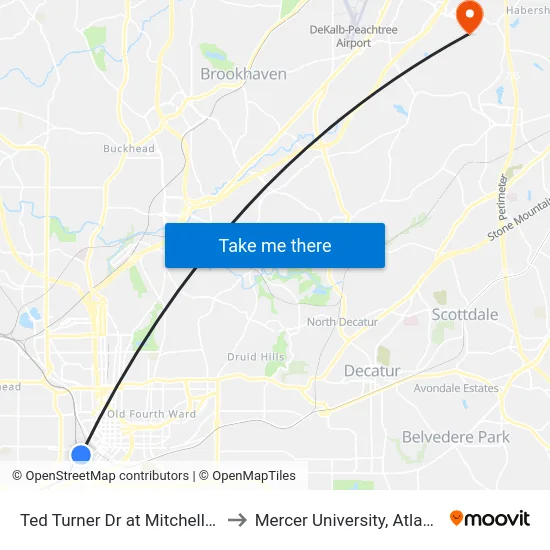 Ted Turner Dr at Mitchell St to Mercer University, Atlanta map