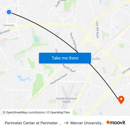 Perimeter Center at Perimeter Center Pkwy to Mercer University, Atlanta map