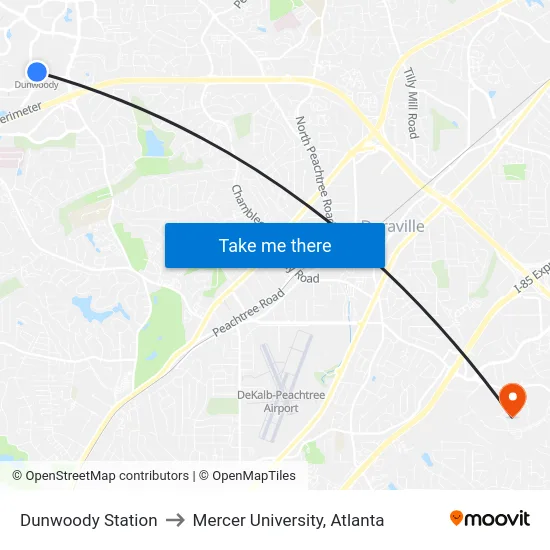 Dunwoody Station to Mercer University, Atlanta map