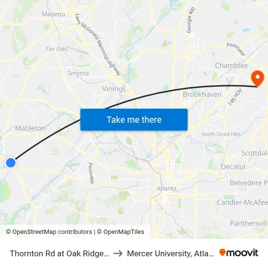 Thornton Rd at Oak Ridge Rd to Mercer University, Atlanta map