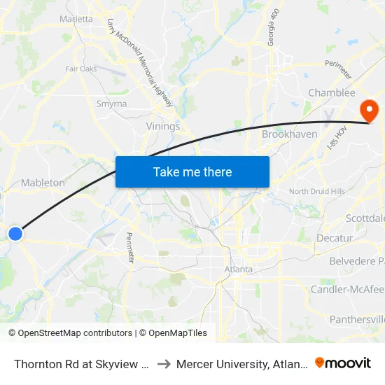 Thornton Rd at Skyview Dr to Mercer University, Atlanta map