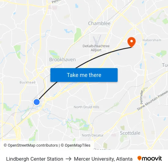 Lindbergh Center Station to Mercer University, Atlanta map