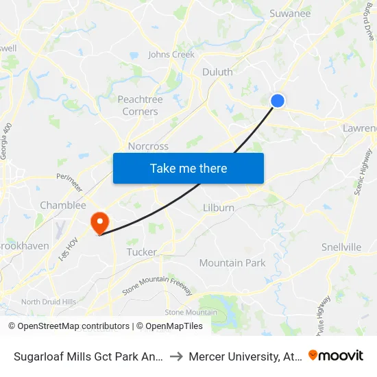 Sugarloaf Mills Gct Park And Ride to Mercer University, Atlanta map