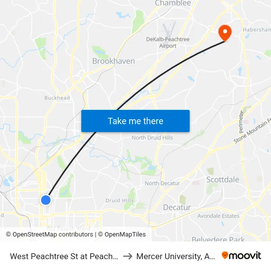 West Peachtree St at Peachtree Pl to Mercer University, Atlanta map