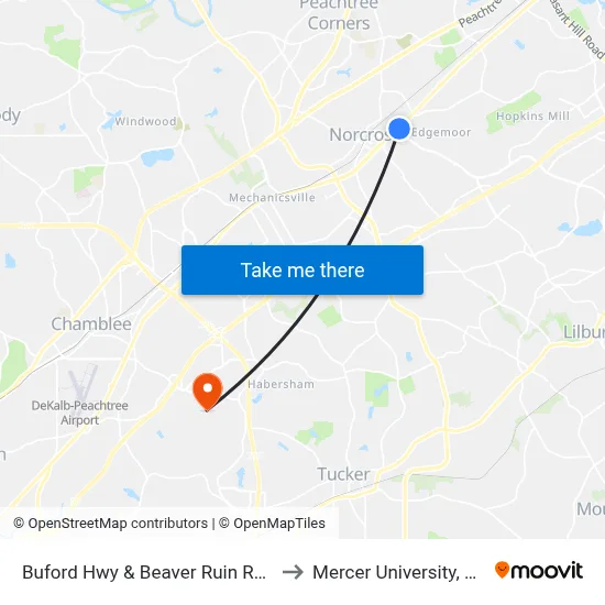 Buford Hwy & Beaver Ruin Rd (10bib) to Mercer University, Atlanta map
