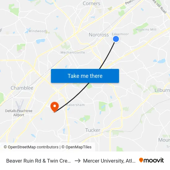 Beaver Ruin Rd & Twin Creek Dr to Mercer University, Atlanta map