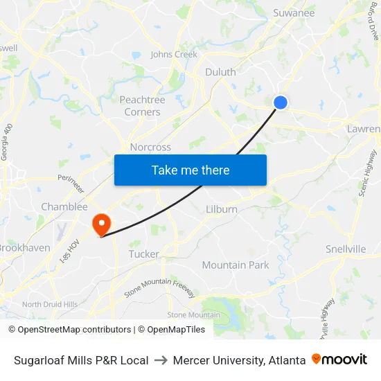 Sugarloaf Mills P&R Local to Mercer University, Atlanta map