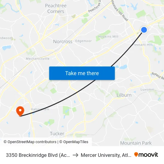 3350 Breckinridge Blvd (Across) to Mercer University, Atlanta map