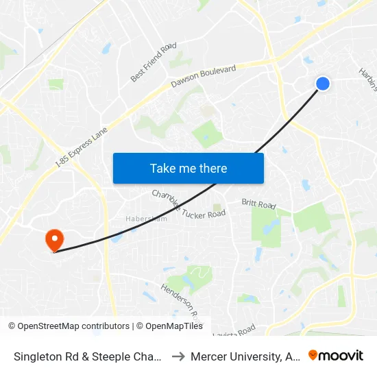 Singleton Rd & Steeple Chase Apts to Mercer University, Atlanta map