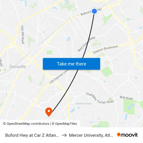 Buford Hwy at Car Z Atlanta Ib to Mercer University, Atlanta map