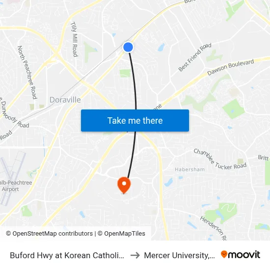 Buford Hwy at Korean Catholic Church Ib to Mercer University, Atlanta map