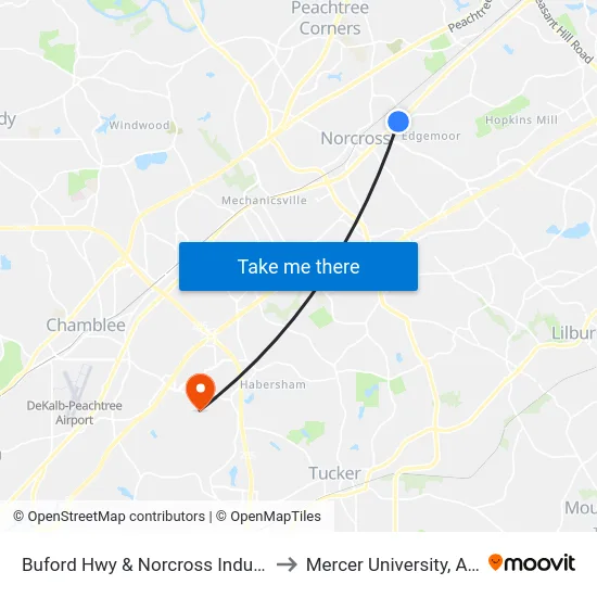 Buford Hwy & Norcross Industrial Ct to Mercer University, Atlanta map