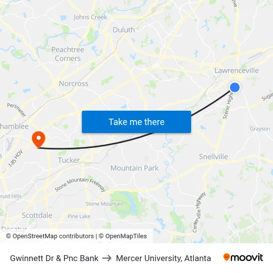 Gwinnett Dr & Pnc Bank to Mercer University, Atlanta map