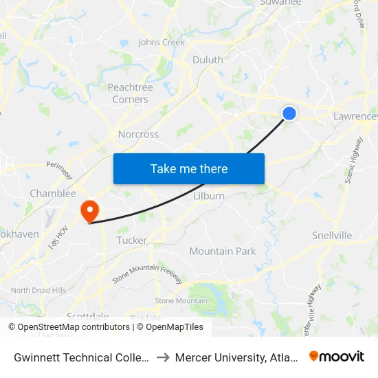 Gwinnett Technical College to Mercer University, Atlanta map