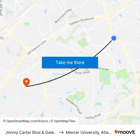 Jimmy Carter Blvd & Gale Dr to Mercer University, Atlanta map