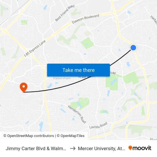 Jimmy Carter Blvd & Walmart Ob to Mercer University, Atlanta map