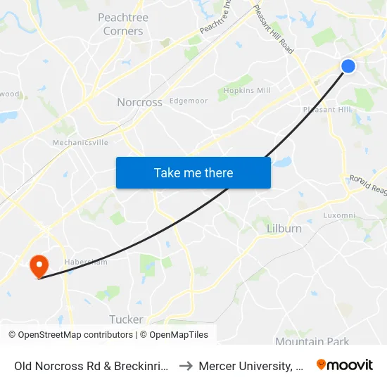 Old Norcross Rd & Breckinridge Blvd to Mercer University, Atlanta map