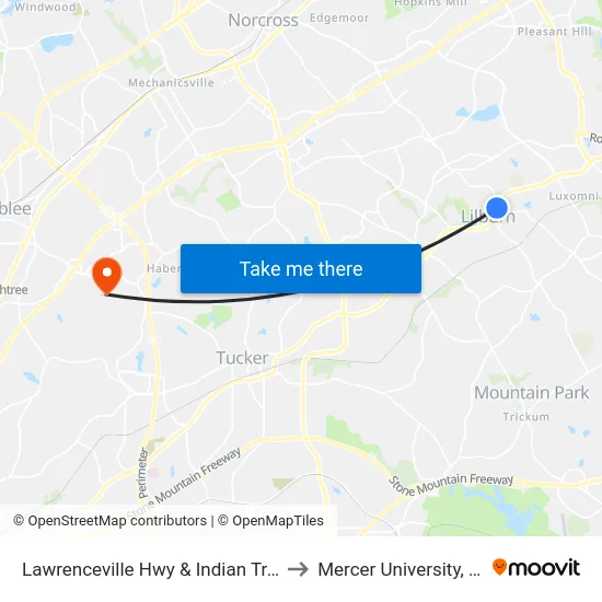 Lawrenceville Hwy & Indian Trail-Lilburn to Mercer University, Atlanta map