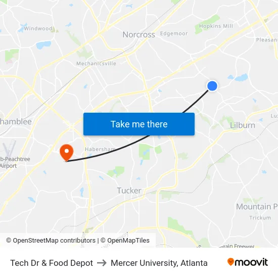 Tech Dr & Food Depot to Mercer University, Atlanta map
