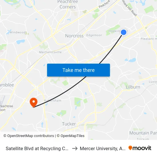 Satellite Blvd at Recycling Center Ib to Mercer University, Atlanta map