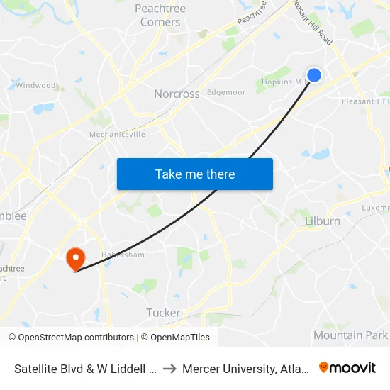 Satellite Blvd & W Liddell Rd to Mercer University, Atlanta map