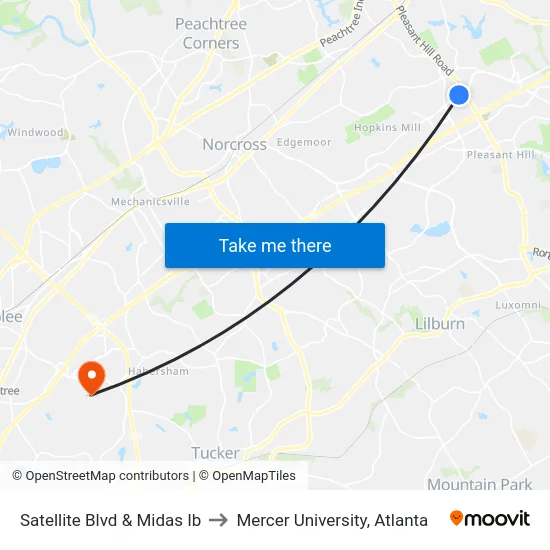 Satellite Blvd & Midas Ib to Mercer University, Atlanta map