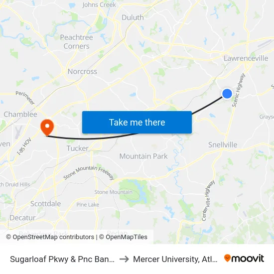 Sugarloaf Pkwy & Pnc Bank Ob to Mercer University, Atlanta map