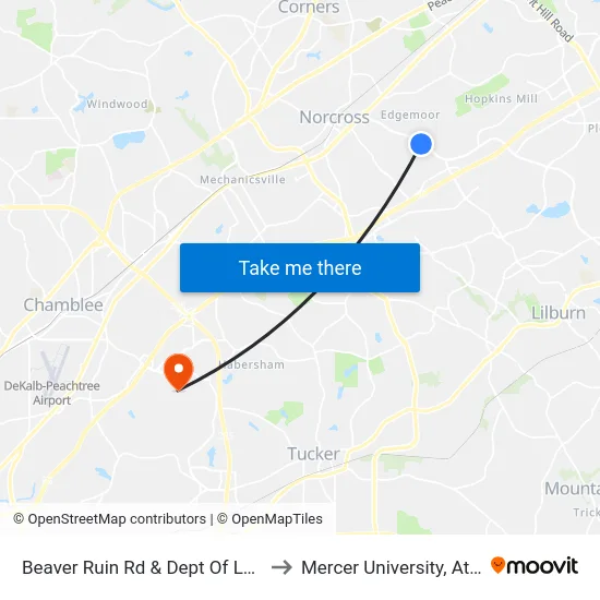 Beaver Ruin Rd & Dept Of Labor Ib to Mercer University, Atlanta map