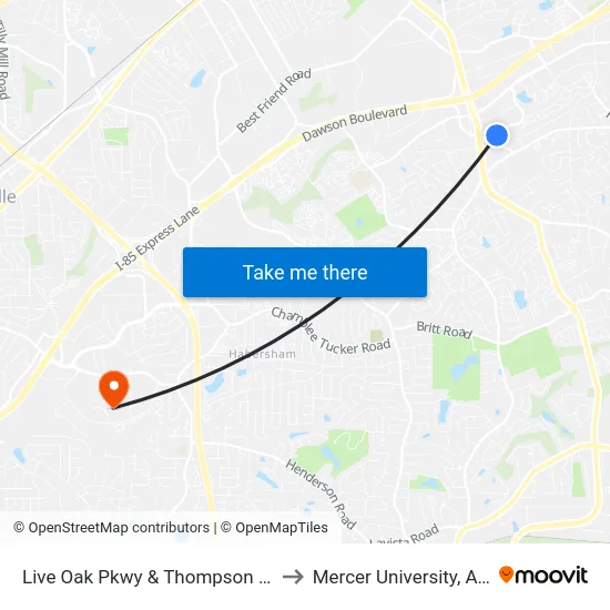 Live Oak Pkwy & Thompson Pkwy Ib to Mercer University, Atlanta map