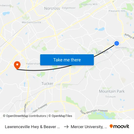 Lawrenceville Hwy & Beaver Ruin Rd Ob to Mercer University, Atlanta map