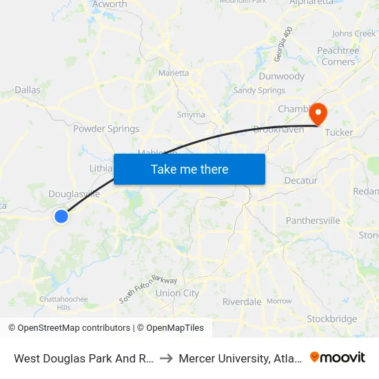 West Douglas Park And Ride to Mercer University, Atlanta map