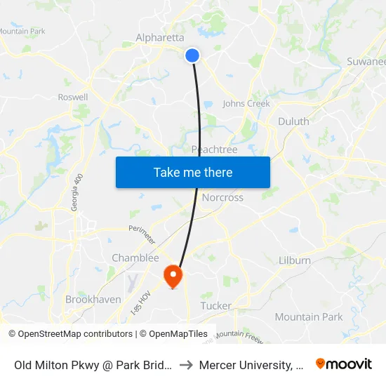 Old Milton Pkwy @ Park Bridge Pkwy to Mercer University, Atlanta map