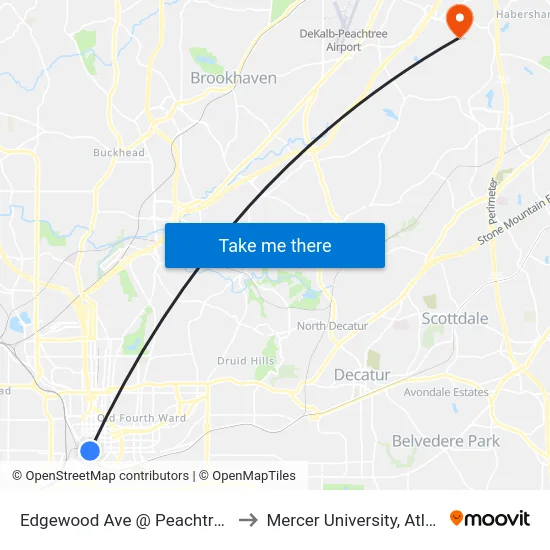 Edgewood Ave @ Peachtree St to Mercer University, Atlanta map