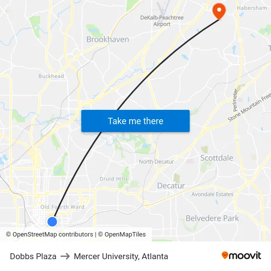 Dobbs Plaza to Mercer University, Atlanta map