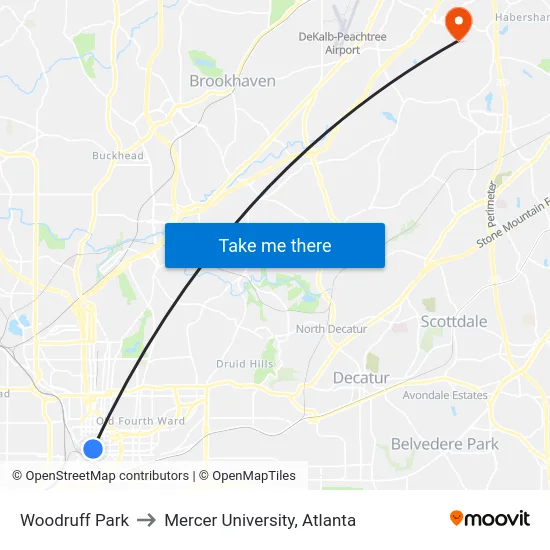 Woodruff Park to Mercer University, Atlanta map