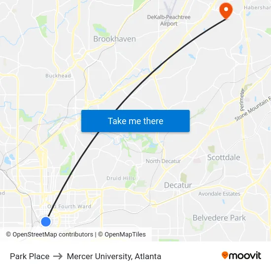 Park Place to Mercer University, Atlanta map