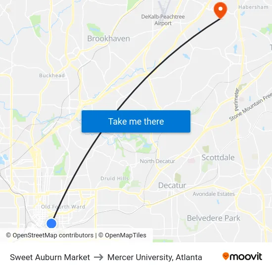 Sweet Auburn Market to Mercer University, Atlanta map