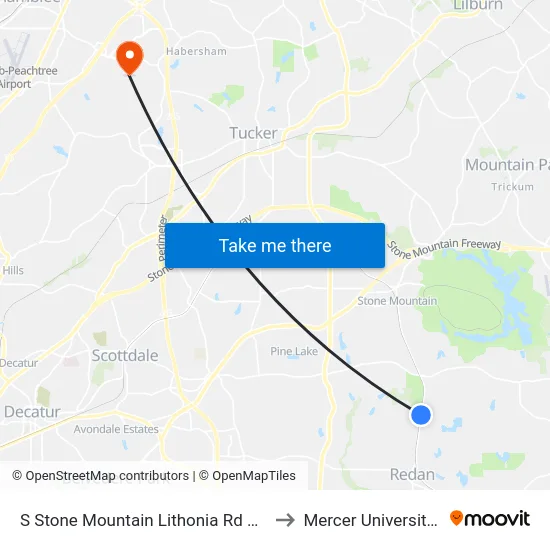 S Stone Mountain Lithonia Rd @ Southland Dr to Mercer University, Atlanta map