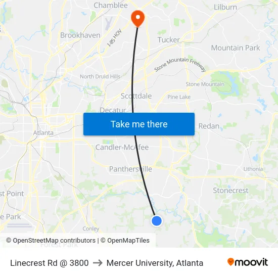 Linecrest Rd @ 3800 to Mercer University, Atlanta map