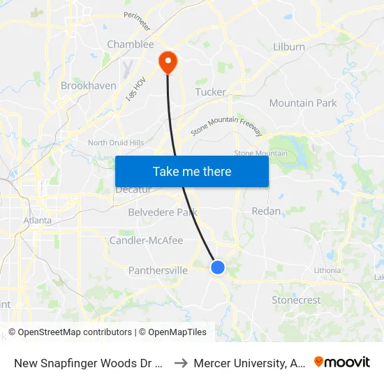 New Snapfinger Woods Dr @ 4325 to Mercer University, Atlanta map