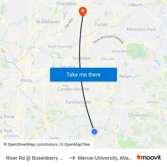 River Rd @ Bosenberry Way to Mercer University, Atlanta map