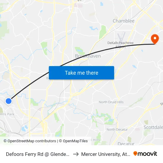 Defoors Ferry Rd @ Glendeven Ct to Mercer University, Atlanta map