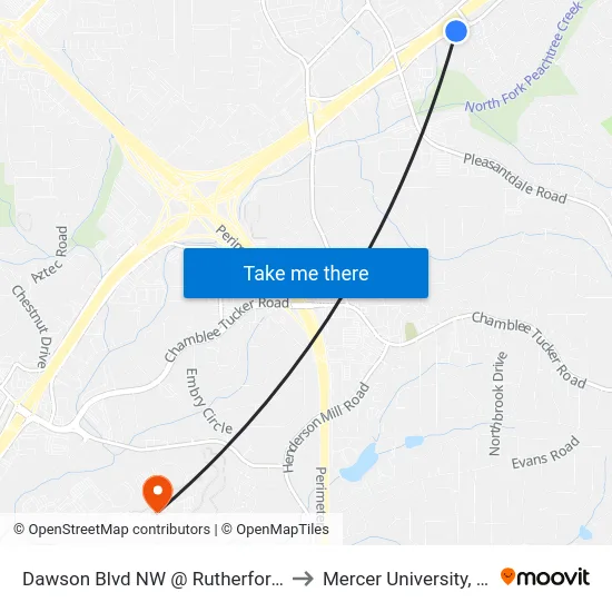 Dawson Blvd NW @ Rutherford Glen Cir to Mercer University, Atlanta map