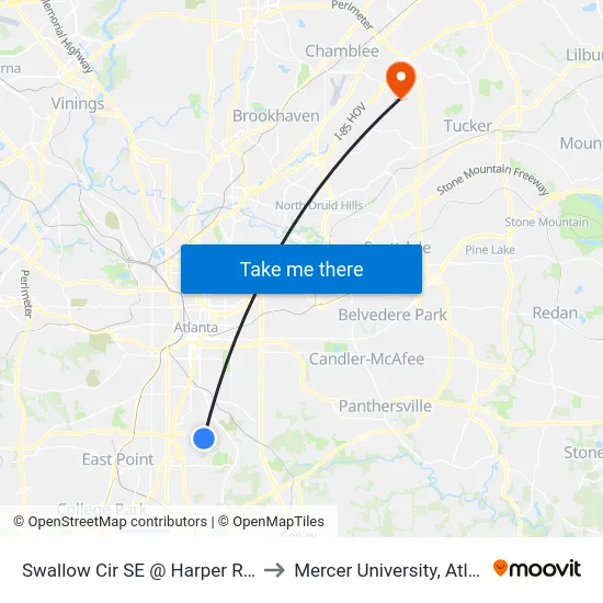 Swallow Cir SE @ Harper Rd SE to Mercer University, Atlanta map