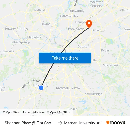 Shannon Pkwy @ Flat Shoals Rd to Mercer University, Atlanta map