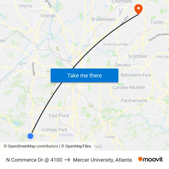 N Commerce Dr @ 4100 to Mercer University, Atlanta map