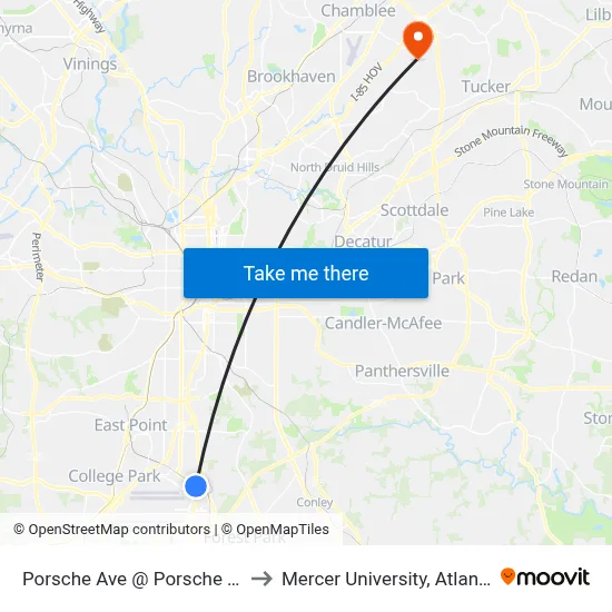Porsche Ave @ Porsche Dr to Mercer University, Atlanta map