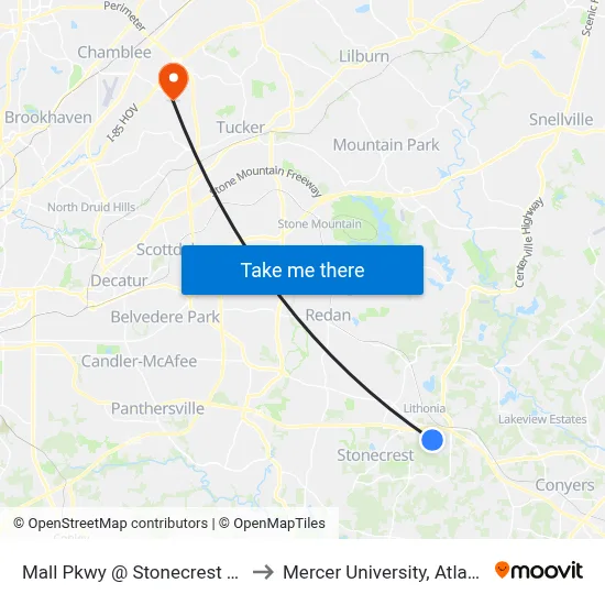 Mall Pkwy @ Stonecrest Trc to Mercer University, Atlanta map