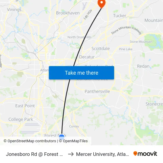 Jonesboro Rd @ Forest Ave to Mercer University, Atlanta map